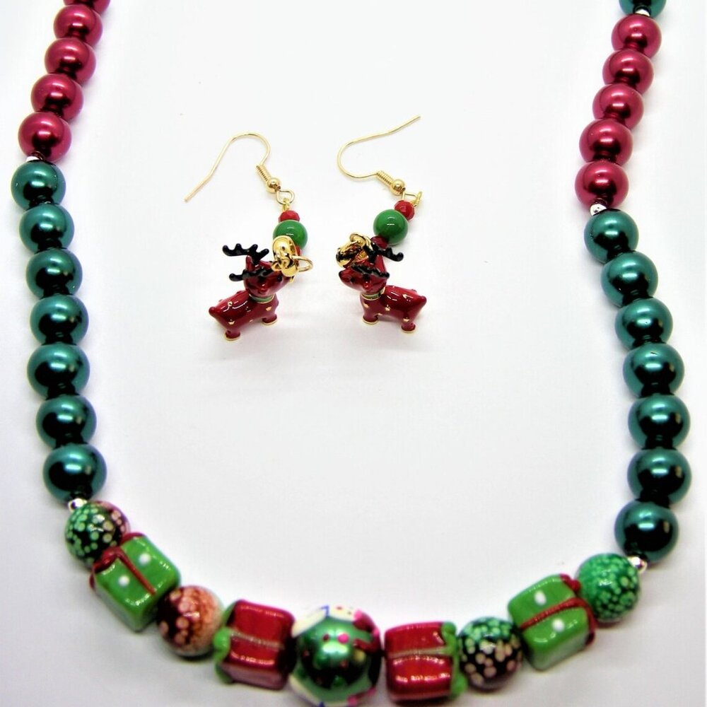 Handcrafted Glass Bead Christmas Necklace with Reindeer Earrings Set